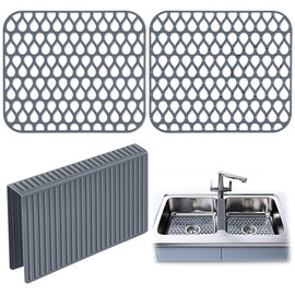 Dunkive 3 Pack Sink Mat and Sink Saddle Set, Sink Protectors for Kitchen Sink, Non Slip Silicone Sink Mat Dishwasher Safe, Protect Double Sink from Stains, Damage, Scratches (Cuttable)