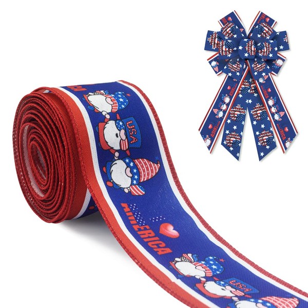 Hying Patriotic Ribbon for Wreath Bow Wrapping Gifts, USA Blue Gnome Patriotic Ribbons for Gift Wrapping Labor Day DIY Crafts 2.4" X 10 Yards Patriotic Wired Ribbon for 4th of July Decoration Supplies
