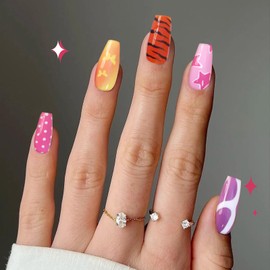 Cihcshe Press on Nails, 100% Handmade Fake Nails, Reusable Stick On Nail Kit with Jelly Soft Gel, Advanced Hand-drawn Acrylic Nails Press Ons for Women, 10Pcs