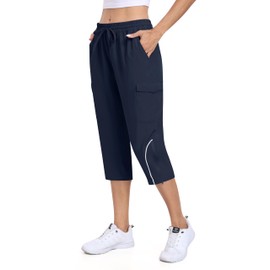 MoFiz Capris for Women Casual Summer Clearance Quick Dry Cargo Pants Travel Summer Capri Joggers Pants for Women Navy Blue Medium