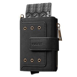 VULKIT Mens Minimalist Wallet with Aluminum POP UP Card Case RFID Protected, ID Window, Zipper Pocket for Coins and Compartment for Bills/Banknotes, Matt Black