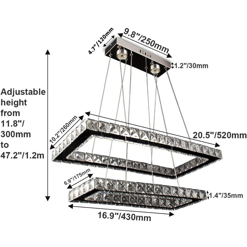 Finktonglan Modern Crystal Chandelier, Rectangular Double Ring LED Pendant Light,