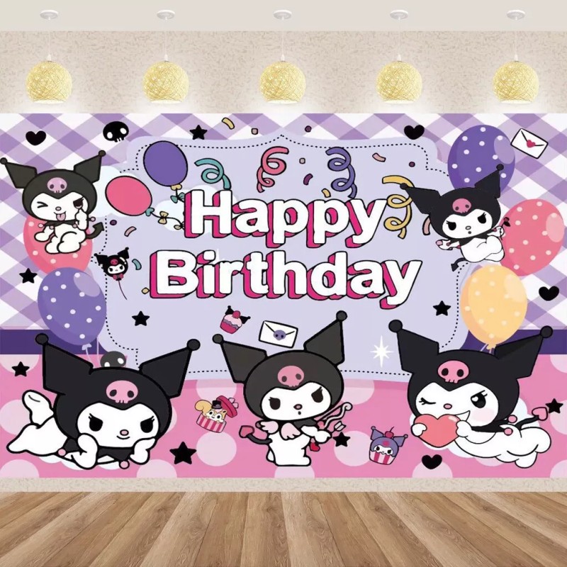 Generic Kuromi Theme Birthday Party Backdrop Decoration, 5x3.5ft Happy Birthday