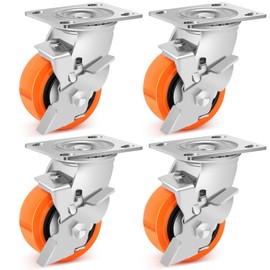 Humagineer 4 Inch Industrial Casters - Heavy Duty Caster Wheels Set of 4, Polyurethane Wheel Capacity up to 2500 lbs, Plate Swivel Caster Use for Workbenches, Platform Truck, Dollies Cart(4 Brake)