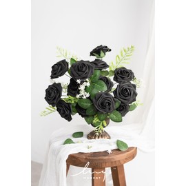 Ling's Moment Artificial Flowers 25Pcs Black Roses Decor w/Stems,3" Real Touch DIY Foam Floral for Wedding Bouquet/Centerpieces, Outdoors Party Backdrop, Room/Table, and Garden/Pot Decorations