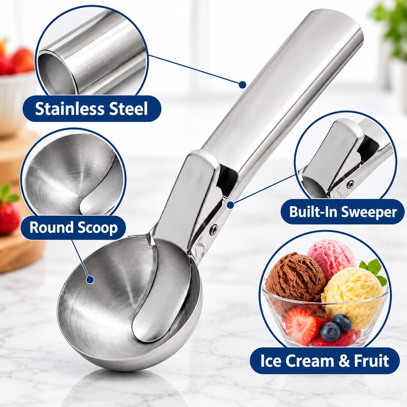 Stainless Steel Ice Cream Scoop with Trigger – Dual-Purpose Fruit