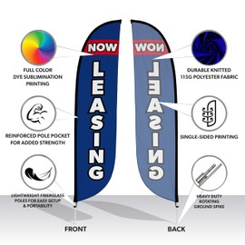 LookOurWay Real Estate Themed Feather Flag Pole Kit 2-Pack - 12 Feet Tall Now Leasing Advertising Flags with 2 Banners, 2 Pole Sets, and 2 Ground Spikes (Now Leasing Blue, Now Leasing Yellow)