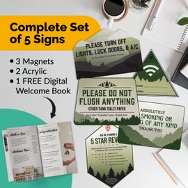 5 Essential AirBnB Signs For Hosts | Wifi Password Sign For Home Guests, No Smoking, Do Not Flush For Bathroom Toilet, Turn Off Lights & AC, Air Bnb Vacation Rental Review Request Fridge Magnet