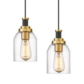 zeyu Modern Hanging Pendant Lights 2 Pack, Kitchen Pendant Lighting with Clear Glass Shade, Black and Gold Finish, ZG33M1L-2 BK+BG