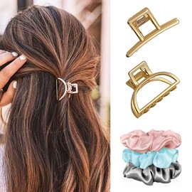 PUSCOBSY 5Pcs Metal Hair Claw Clips Mini Gold Hair Clamps Silk Satin Hair Scrunchies Elastic Hair Ties Hair Accessories for Women and Girls