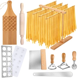 Baderke 9 Pcs Pasta Making Tool Set Include 1 Bamboo Pasta Drying Rack 1 Ravioli Maker Press 1 Gnocchi Board 1 Pasta Cutter 1 Rolling Pin 1 Filling Spoon 3 Ravioli Stamp Maker for Pasta Maker