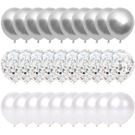 60pcs 12 Inch Sliver and White Balloons Set, 20 Metallic Silver Balloons, 20 Silver Confetti Balloons, 20 White Latex Balloons Helium Balloons Wedding Balloons Anniversary Silver Wedding Decorations