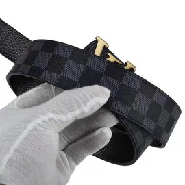 Classic Men's Belt Genuine Plaid Leather Belts 1.5" Buckle for Casual & Dress and Jeans (Gold Buckle Black Belt, waist size 32-34)