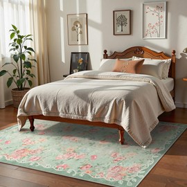 Lahome Floral Washable Rugs 5x7,Sage Green Boho Rugs for Living Room,Vintage Area Rug for Bedroom Low Pile Soft Non Slip Carpet Non-Shedding for Dining Room Rug Kids Playroom(5'X7',Green)