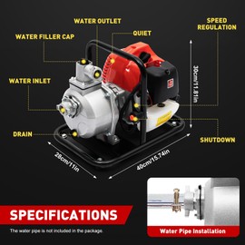 43cc 1.7hp Water Pump Gas Gasoline Irrigation Pond Pump 1.25kw/6500 Rpm Well Pump Gas-Powered Shallow Well Pump for Garden Lawn Irrigation system Lake Fountain Water Transfer