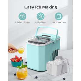 Ice Maker Countertop, Portable Ice Machine with Carry Handle, Self-Cleaning Ice Makers with Basket and Scoop, 9 Cubes in 6 Mins, 26 lbs per Day, Ideal for Home, Kitchen, Camping, RV, Green