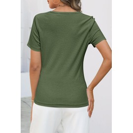 MEROKEETY Women's Summer Short Sleeve V Neck T Shirts Casual Ribbed Button Henley Knit Tops Blouse, Green, L
