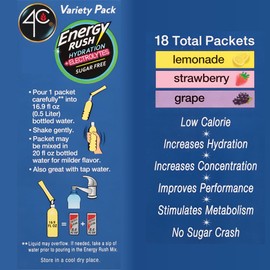 4C Energy Rush PSD with Electrolytes Variety Pack Stix, 40 ct (14 Lemonade, 12 Strawberry/14 Grape)