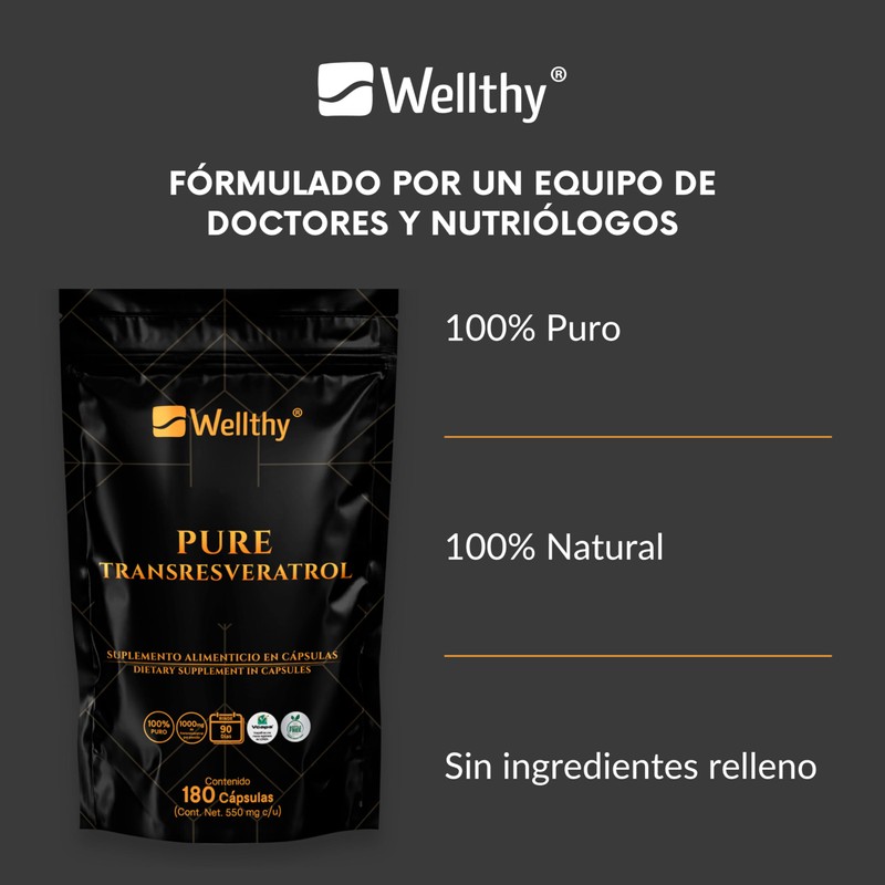 Wellthy Transresveratrol Puro 180 Cápsulas. Resveratrol de alta biodisponibilidad, 1000mg