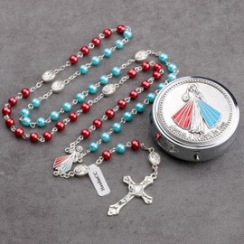 HanlinCC 6mm Glass Pearl Beads Divine Mercy Catholic Rosary Necklace with Steel Gift Box for Men and Women