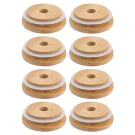 DOITOOL 8Pcs Bamboo Jar Lids with Straw Hole,Reusable Bamboo Lids for Beer Can Glass,Bamboo Mason Jar Lids with Straw Hole for Regular Mason Jar 70MM
