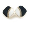 Dark Blue/White Enamel Crystal Square Clip On Earrings In Gold