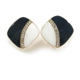 Dark Blue/White Enamel Crystal Square Clip On Earrings In Gold Plating - 20mm