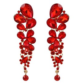 EVER FAITH Red Clip On Earrings for Women, Sparkly Rhinestone Crystal Wedding Bridal Teardrop Non Piercing Earrings for Non Pierced Ears