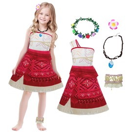 Ficlwigkis Vaiana Costume Children's Girls, Moana Costume with Chain, Flower Crown, Hair Clip, Anklet, Princess Dresses for Carnival, Fancy Dress Costumes, Children Vaiana Girls (Red, 120)