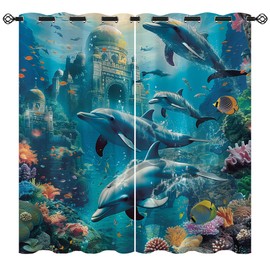 XINBADU Ocean Blackout Curtains for Girls Boy Home Decor, Dolphin Ocean Underwater World Castle Grommet Thermal Insulated Drapes Darkening Window Curtain for Bedroom Living Room, 55 x 63 Inch