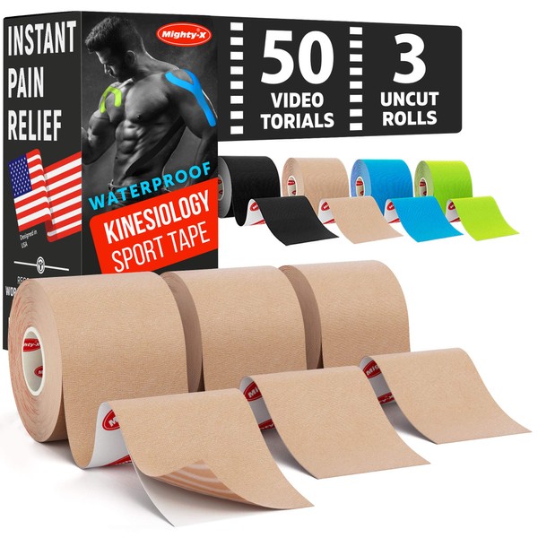 Waterproof Kinesiology Tape - [3 Rolls] - Joints Support and Muscle Pain Relief - 16.4 ft Uncut Kinetic Tape + 50 Videos