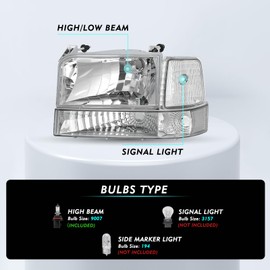 TUSDAR 6PCS Headlight Assembly With Bulbs for 1992-1996 Ford F150 / Bronco 1992-1997 F250 F350 Super Duty Driver and Passenger Side with Bumper Corner Lights Set (Chrome Housing with Clear Reflector)
