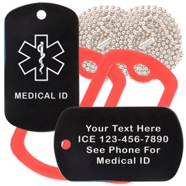 Custom 2 Pack - Medical Id Medical Alert ID Necklaces with Black Custom Tags, Red Silencers, and 30'' USA Chains