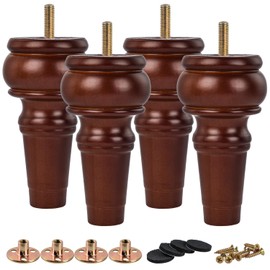 TCHOSUZ 4 inch / 10cm Wooden Furniture Legs, Pack of 4 Brown Solid Wood Turned DIY Replacement Bun Feet with M8 Hanger Bolts & T-Nuts or Sofa Couch Cabinet Recliner Ottoman Riser
