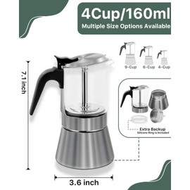 Grasseed Crystal Glass-Top Moka Pot, Polished Stainless Steel Stovetop Espresso Maker for Italian Coffee, Gift for Coffee Lovers - 9 Cup/360ml/12.6oz