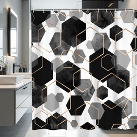 deFouliao Black Shower Curtain Modern Abstract Geometric Grid Bathroom Curtain Sets for Bathtub Home Art Decor, Waterproof Fabric Washable with Hooks, 72x72 Inch