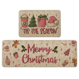 GAGEC Christmas Kitchen Rug Tis The Season Kitchen Mat Set of 2 Xmas Winter Farmhouse Party Floor Mat for Home Kitchen Bathroom Pink Christmas Decorations - 17x27 and 17x47 Inch