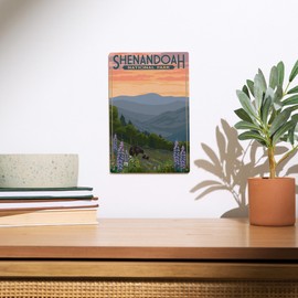 Lantern Press 6x9 Inch Wood Sign, Ready to Hang Wall Decor, Shenandoah National Park, Virginia, Black Bear and Cubs with Flowers