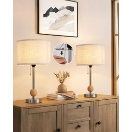 Etonovate Minimalist Bedside Table Lamp for Bedroom Nightstand, Desk Lamps for Office Set of 2, Side Table Light with Retro Pull Chain, Round Fabric Linen Shade, Wood Ball, Nickel Metal Base