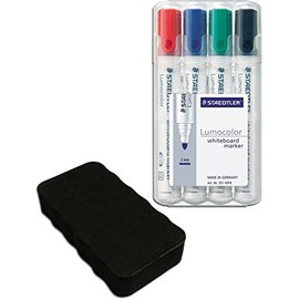 Staedtler 351 WP4 Lumocolor Whiteboard Marker Pens, Set of 4, in Stand Box with Eraser, 1