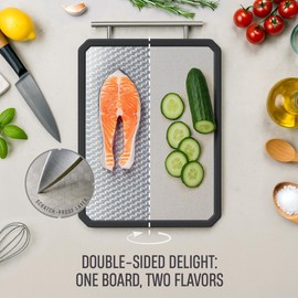 ZIGFEIN Stainless Steel Cutting Board 14.8″×10.8″, Dual‑Sided with Wheat Straw Texture & Smooth Metal, Non‑Slip Edge & Handle