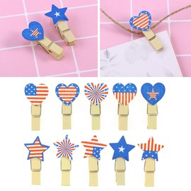 FRECI 50pcs American Flag Pattern Mini Photo Clips Wooden Clothespins Crafts Photo Clips with Hemp Rope Patriotic Photo Clip Pins