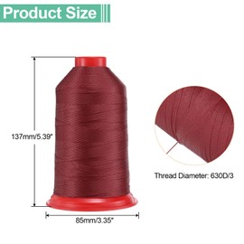 sourcing map 962 Yards Bonded Nylon Sewing Thread Size 630D/3 Sewing-Heavy Duty Nylon Upholstery Thread Outdoor Thread for Leather Jeans and Weaving Craft Machine DIY Burgundy Red