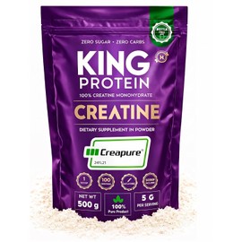 KING Protein Creatina Monohidratada 100% Pura Sin Sabor | 5g por porción | Vegana y sin azúcar | Polvo de Creatina Monohidratada Creapure® con scoop incluido | Bolsa de 500g, 100 porciones
