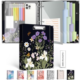 BVSSX 3 Ring Binder 1 Inch, Three Ring Binders Organizer with Clipboard, 5-Tabs Pockets Dividers, Plastic Folder, 18 Divider Stikers, BVSSX Pretty Binder with Pen Loop (Black Weeds, Letter Size)