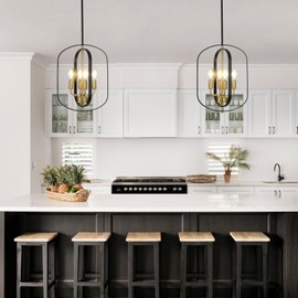KUSSCO 4-Light Black and Gold Chandeliers Modern Farmhouse Pendant Lights Kitchen Island Adjustable Height Small Entryway Chandelier for Dining Room Living Room Bedroom Foyer E12 Base