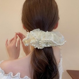 Jumwrit Pearl Hair Scrunchies Long Ponytail Holder Large Hair Tie Non Slip Elastic Chiffon Beaded Hair Band Fashion Stretch Hair Rope Accessories for Women Girls (Off White)