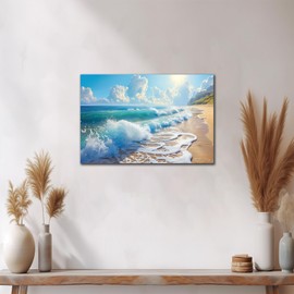 Bathroom Decor Wall Art, Blue Beach Picture Ocean Theme Canvas Prints Wall Art, Modern Coastal Seascape Painting Framed Seaside Artwork, Sunny Beach Ocean Landscape for Home Bedroom Office 18x24 Inch