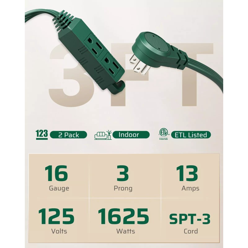 DEWENWILS 2-Pack Extension Cord 3 Ft, 16 AWG Extension Cord