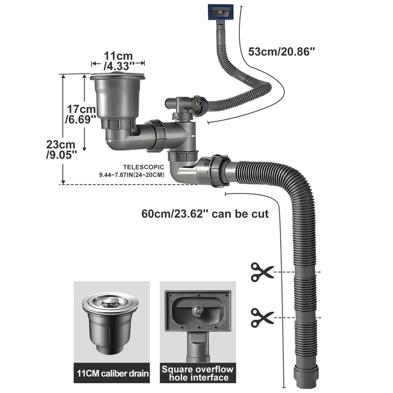 QruiLanTu Single Sink Kitchen Sink Drain Kit Space Saving Flexible